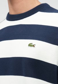 Pull en maille rayé bleu marine et blanc avec un col rond côtelé et un petit logo de crocodile brodé en vert sur la poitrine.