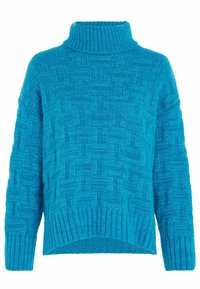 Türkis strikket sweater med høj mock neck, præget af et tekstureret vævet mønster, brede ærmer og ribbet kant.