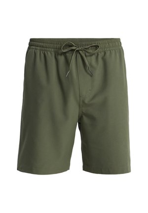 Pantaloncini da bagno verde oliva realizzati in tessuto leggero, con cintura elastica regolabile con coulisse e tasche laterali.