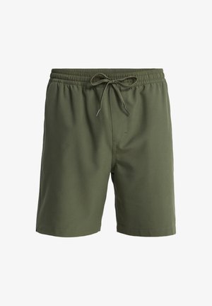 Szorty kąpielowe w kolorze oliwkowej zieleni wykonane z lekkiego materiału, z elastycznym paskiem w talii i troczkiem oraz bocznymi kieszeniami.