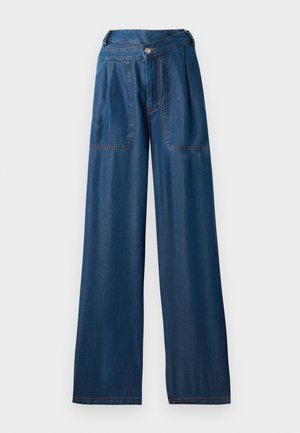Dark blue wide-leg jeans made of denim, featuring two front pockets, a button closure, and contrasting orange stitching details.