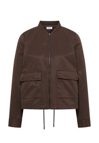 Veste bomber marron avec fermeture éclair frontale, deux poches à rabat, ourlet à cordon de serrage et petit col montant.