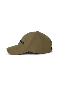 Olivengroene baseballpet van gestructureerde stof, met een gebogen klep en een geborduurd zwart logo op de voorkant. Verstelbare band aan de achterkant.