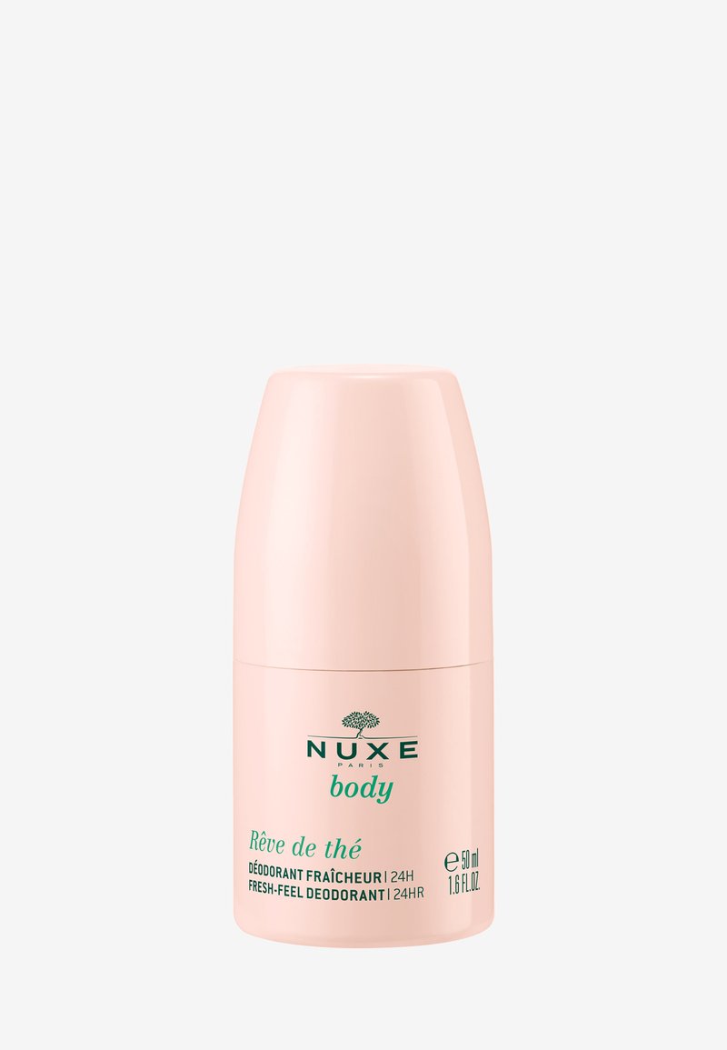 NUXE body deodorant in een tapse, roze plastic verpakking met een groen logo en tekst. Capaciteit van 50 ml, ontworpen voor een fris gevoel.