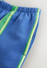 Sinised spordilühikesed püksid roheliste ja kollaste vertikaalsete triipudega, millel on elastne vöökoht ja pehme kangast tekstuur.