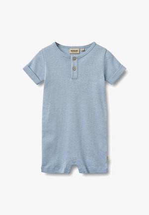 Body à manches courtes rayé bleu clair avec deux boutons au col, fermetures pressionnées au bas, et une petite étiquette de la marque sur le côté.