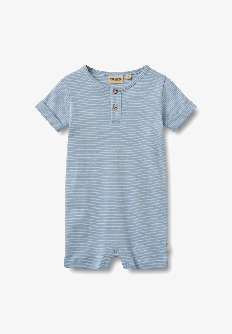 Body à manches courtes rayé bleu clair avec deux boutons au col, fermetures pressionnées au bas, et une petite étiquette de la marque sur le côté.