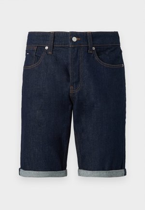 Dunkelblaue Denim-Shorts mit umgeschlagenen Säumen, Frontknopf, Gürtelschlaufen und Fünf-Taschen-Design.