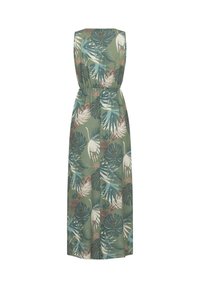 Floral-printed maxi dress featuring green and beige tones, with a fitted waist, wide shoulder straps, and a flared bottom.