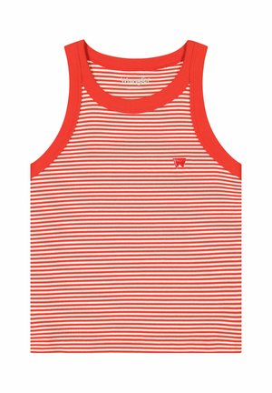 Débardeur sans manches à rayures horizontales rouges et blanches, bordé de rouge avec un petit logo Wrangler rouge sur la poitrine.
