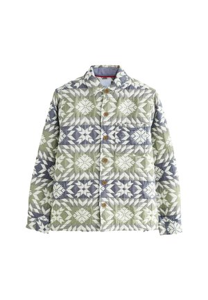Gestepptes Button-Down-Jackett mit geometrischen Schneeflockenmuster in Grün, Weiß und Grau, ausgestattet mit einer Brusttasche und einem Kragen.
