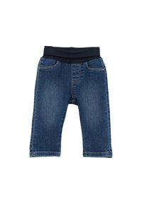 Jeans w kolorze ciemnoniebieskim, z elastycznym paskiem w talii oraz tradycyjnym pięciopocketowym krojem z widocznymi detalami szycia.