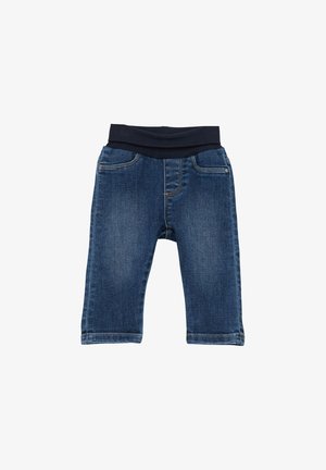 Denim broeken in een donkerblauwe kleur, met een elastische tailleband en een traditionele vijf-pocketontwerp met zichtbare stikseldetails.