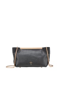Borsa a tracolla nera con texture, dettagli in metallo dorato e catena. Presenta una forma rettangolare e un logo del marchio discreto sul davanti.