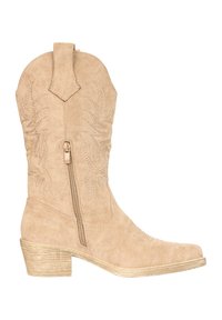 Bota vaquera de ante color tan hasta la mitad de la pantorrilla con cremallera lateral, costuras decorativas, pestaña para tirar y tacón bajo apilado de madera.