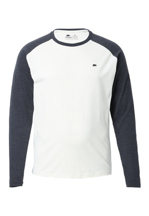 Langarmshirt mit weißem Körper und dunkelblauen Raglanärmeln. Verfügt über einen runden Halsausschnitt und ein kleines Bärenlogo auf der Brust.