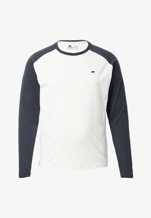 Langarmshirt mit weißem Körper und dunkelblauen Raglanärmeln. Verfügt über einen runden Halsausschnitt und ein kleines Bärenlogo auf der Brust.