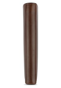 Brun læderetui med cylindrisk form, glat tekstur og synlige syninger langs kanterne. Ingen hardware eller mønstre er til stede.