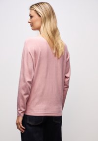 Helles rosa Sweatshirt aus weichem Stoff mit langen Ärmeln und rundem Ausschnitt, kombiniert mit dunklen Jeans, von hinten betrachtet.