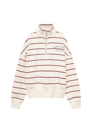 Pull sweatshirt couleur crème avec des rayures horizontales bordeaux. Comprend un col avec demi-zip et le texte "Bonne Journée Sur La Seine".