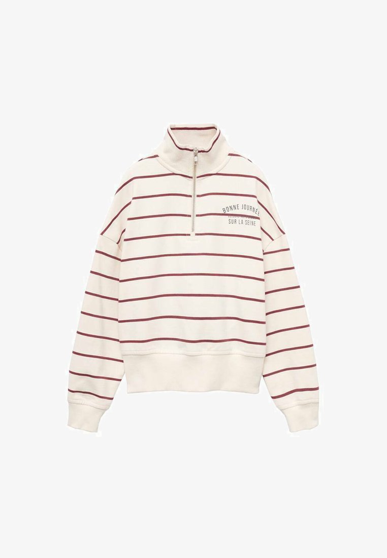 Felpa di colore crema con strisce orizzontali bordeaux. Presenta un collo con zip a metà e il testo "Bonne Journée Sur La Seine".