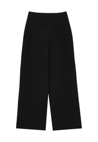 Pantaloni neri a gamba larga con vita alta, realizzati in tessuto liscio. Presentano un davanti pulito senza chiusure o decorazioni visibili.