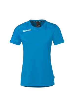 Blauw dames sportshirt met korte mouwen en geometrisch patroon op de bovenkant van de borst en schouder, Kempa-logo op de linkerborst en aan de binnenkant van de kraag.