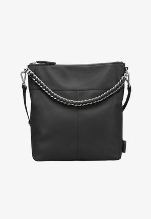 Black leather bag with a zip closure, chain strap, and a smooth texture. Features two vertical seams on the front panel for detail.