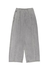 Gray denim wide-leg pants with an elastic waistband, two side pockets, and subtle fading along the fabric, featuring straight seams.