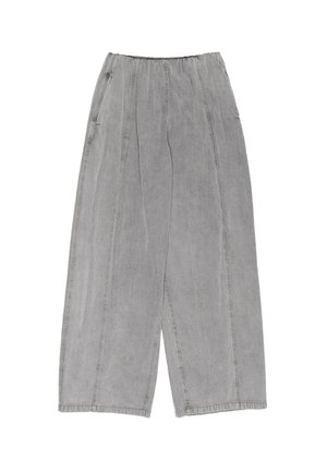 Gray denim wide-leg pants with an elastic waistband, two side pockets, and subtle fading along the fabric, featuring straight seams.