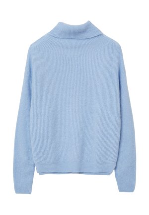 Maglione lavorato a maglia di colore azzurro chiaro con collo alto, texture a costine e maniche lunghe. La parte posteriore presenta un taglio dritto e dettagli minimi.