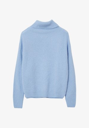 Maglione lavorato a maglia di colore azzurro chiaro con collo alto, texture a costine e maniche lunghe. La parte posteriore presenta un taglio dritto e dettagli minimi.