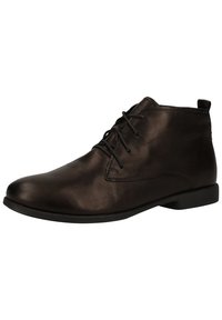 Braune Leder-Ankle-Boots mit glatter Oberfläche, Schnürdesign, runder Zehenform und niedrigem Gummihacke. Kleiner Schlaufenverschluss hinten.