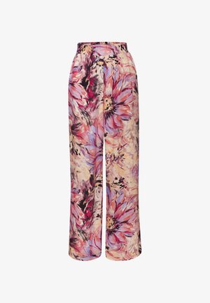 Floral wide-leg trousers featuring a colorful print with pink, purple, and cream tones. Made from lightweight fabric with an elastic waistband.