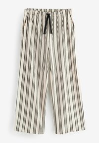 Spodnie z szerokimi nogawkami w paski w kolorze kremowym i czarnym, z talią na sznurek i bocznymi kieszeniami. Miękka faktura materiału.