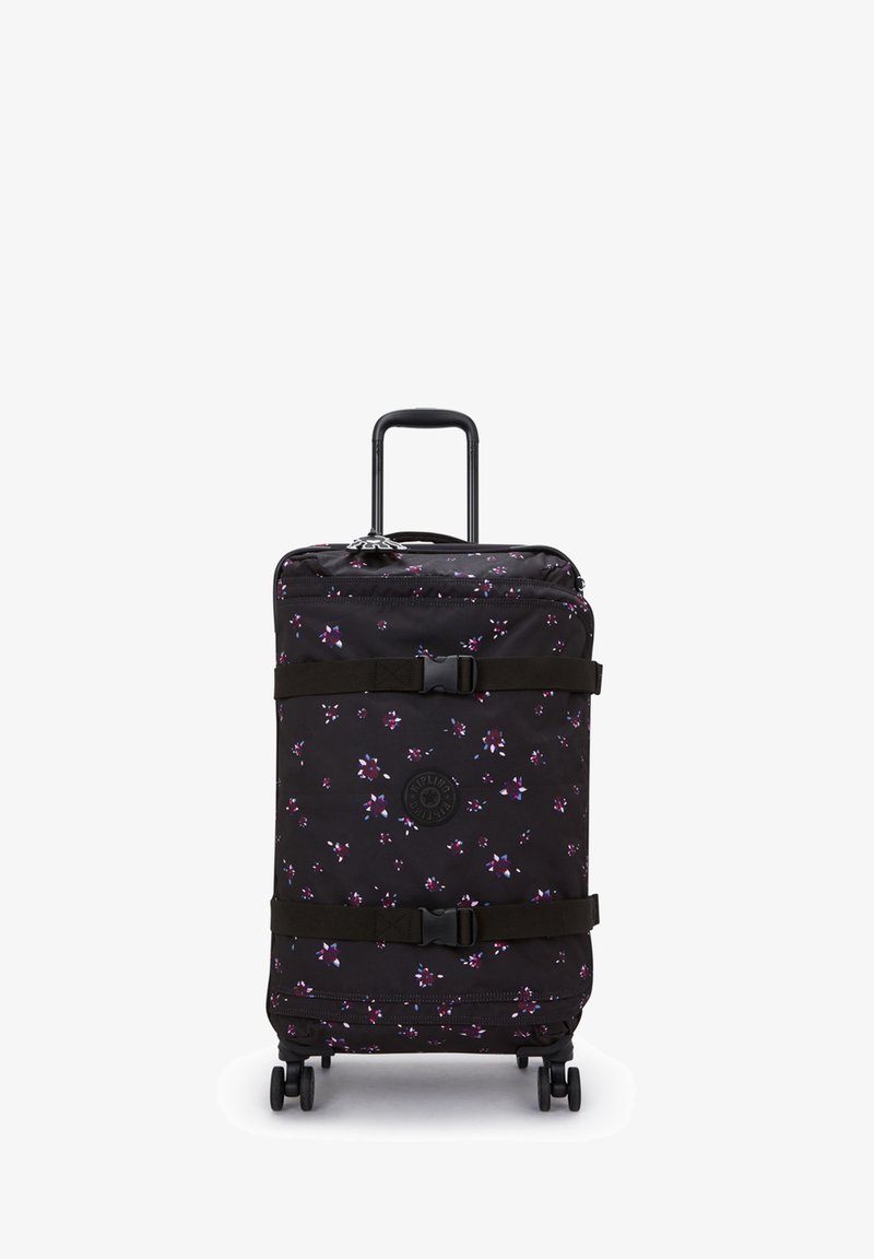 Rolling suitcase with a black fabric exterior featuring a floral pattern in purple and pink, complemented by black straps and a retractable handle.