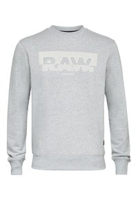 Sudadera gris de cuello redondo con puños y dobladillo acanalados. Presenta un gran logo blanco "RAW." en el pecho. Textura de tela suave.