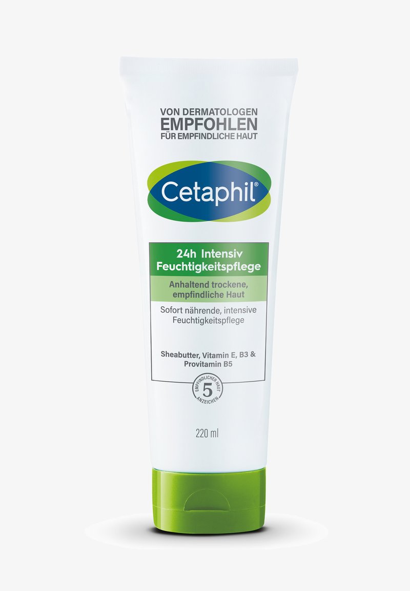 Cetaphil 220ml tube of 24h intensive moisturizing cream for dry, sensitive skin with shea butter, vitamins E, B3, and provitamin B5.