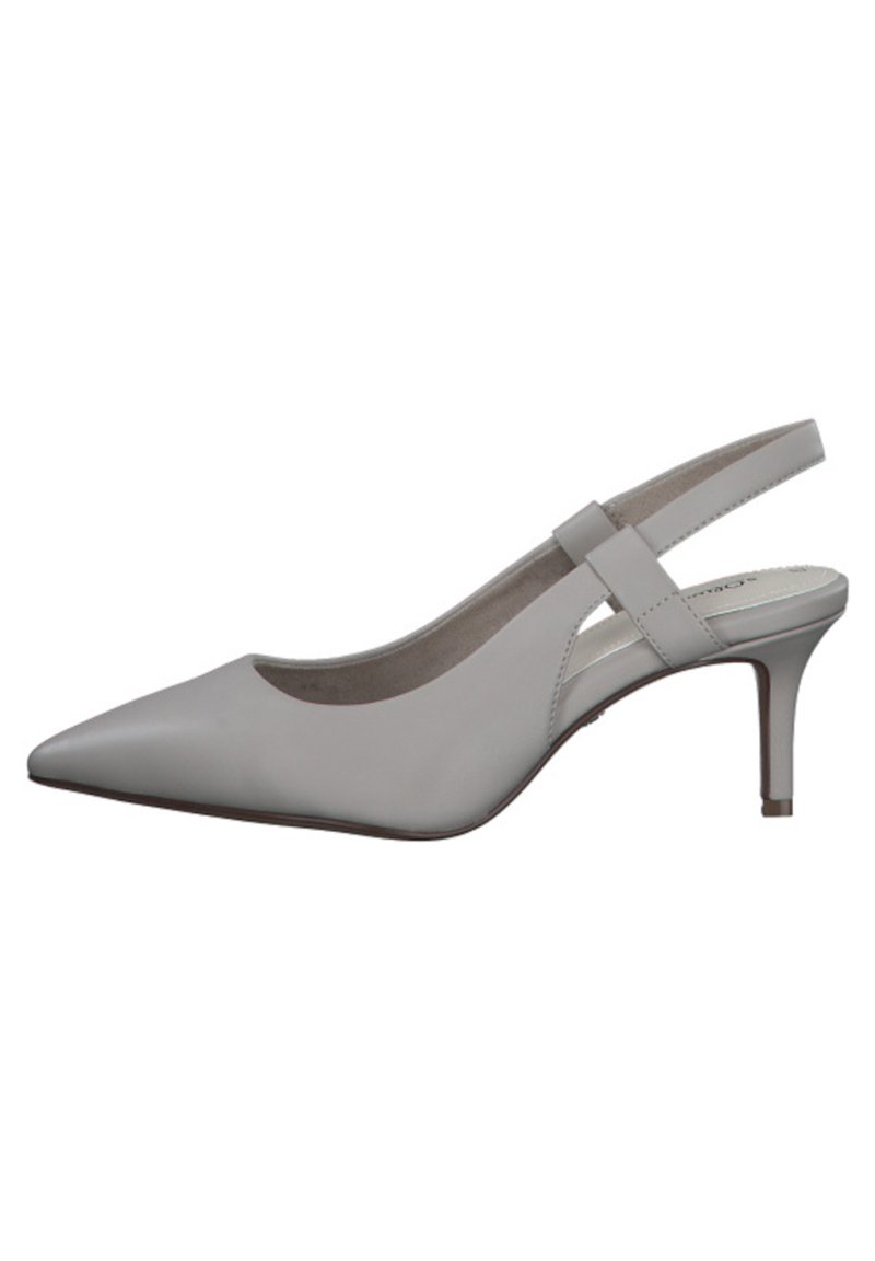 Gray leather slingback pump with pointed toe, low heel, and a sleek, smooth surface. Features a narrow ankle strap for secure fit.