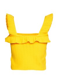 Top in maglia giallo con spalline larghe e bordo arricciato; presenta un motivo testurizzato e un collo quadrato.