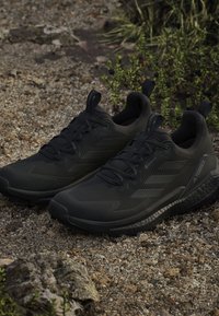 Coppia di scarpe da trail running Adidas Terrex nere su terreno roccioso con piccole piante verdi nelle vicinanze.