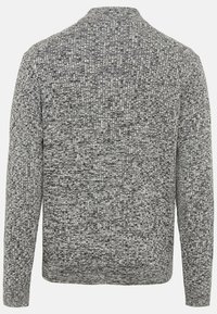 Strickpullover in Grautönen, mit strukturiertem Muster, langen Ärmeln und Rundhalsausschnitt. Weicher Stoff mit einem gemütlichen Erscheinungsbild.