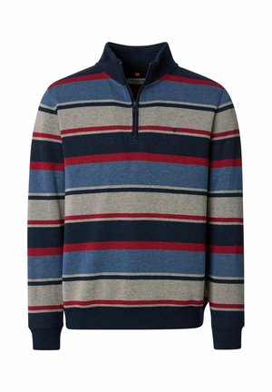 Pullover-Pullover mit horizontalen Streifen in Marineblau, Blau, Grau und Rot, mit einem Viertel-Reißverschluss sowie gerippten Bündchen und Saum.