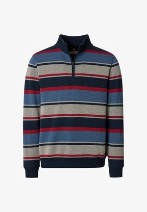 Pullover-Pullover mit horizontalen Streifen in Marineblau, Blau, Grau und Rot, mit einem Viertel-Reißverschluss sowie gerippten Bündchen und Saum.