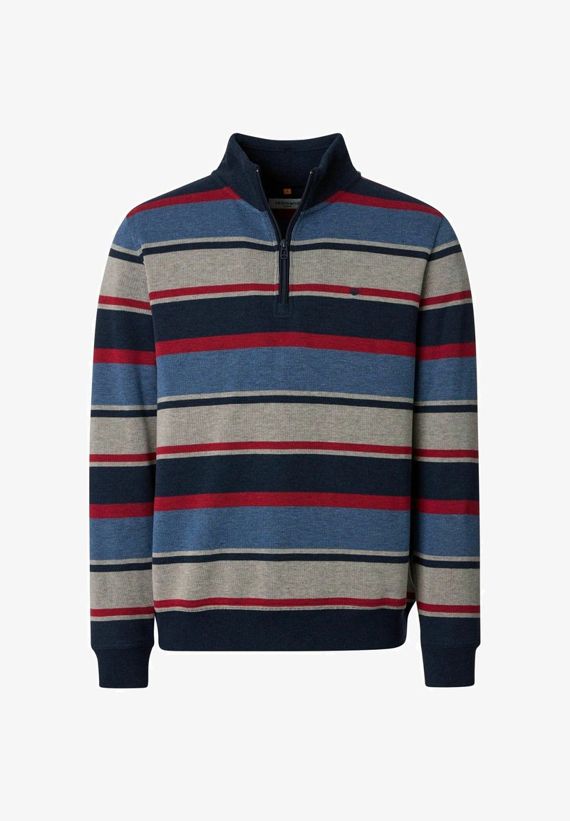 Navy, blue, gray, and red horizontal striped pullover sweater with a quarter-zip and ribbed cuffs and hem.