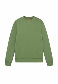Sudadera verde de tela suave, con cuello redondo, mangas largas y puños acanalados. Incluye un pequeño detalle gráfico en la manga.