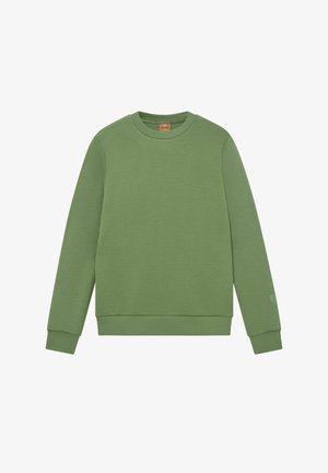 Groene sweatshirt van zachte stof, met een ronde hals, lange mouwen en geribbelde manchetten. Bevat een klein grafisch detail op de mouw.