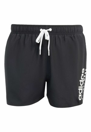 Černé plavky vyrobené z lehkého materiálu, s bílou šňůrkou na stažení a nápisem "adidas" vytištěným bílou barvou na boku.