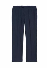 Pantaloni blu navy su misura realizzati con un tessuto liscio, caratterizzati da una vita piatta, due tasche laterali e una piega discreta lungo ciascuna gamba.