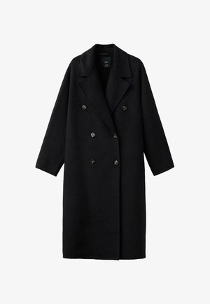 Zwarte double-breasted jas gemaakt van wol. Voorzien van een reverskraag, lange mouwen en grote ronde knopen. Gladde textuur, knie-lange ontwerp.